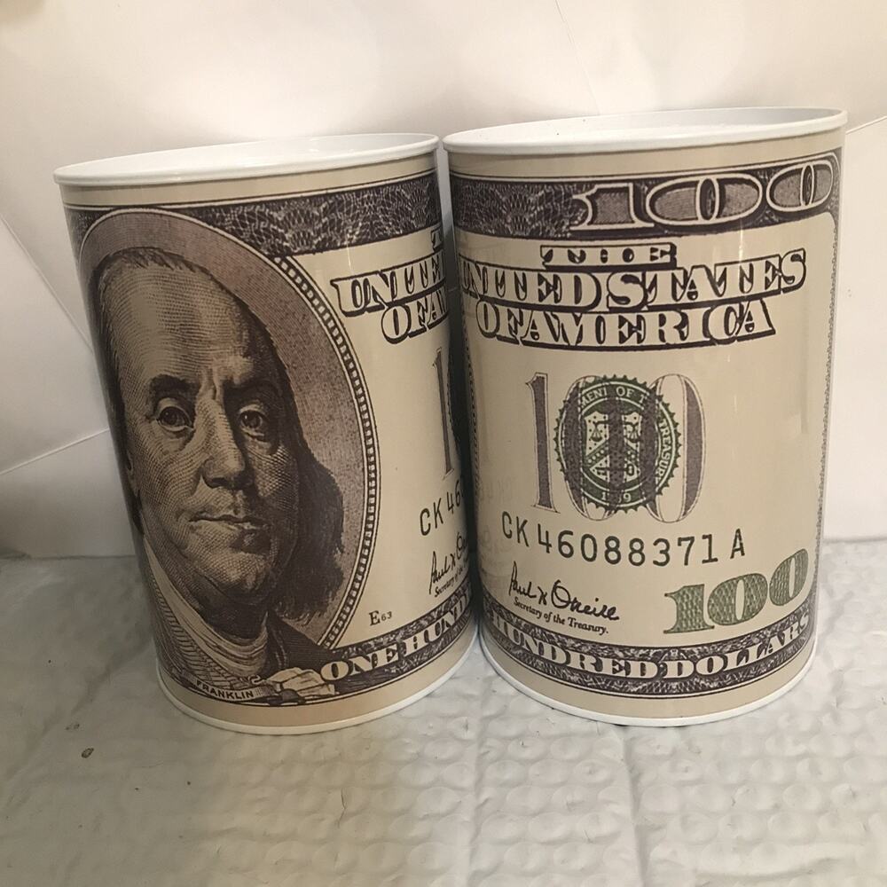 Ben Franklin Hundred Dollar Bill Money Coin Saver Tin Piggy Bank Lot Of 2